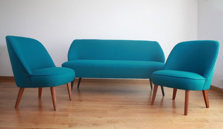 Refurbised sofa by lithuanian designer B.Adomoniene. Turquoise color.